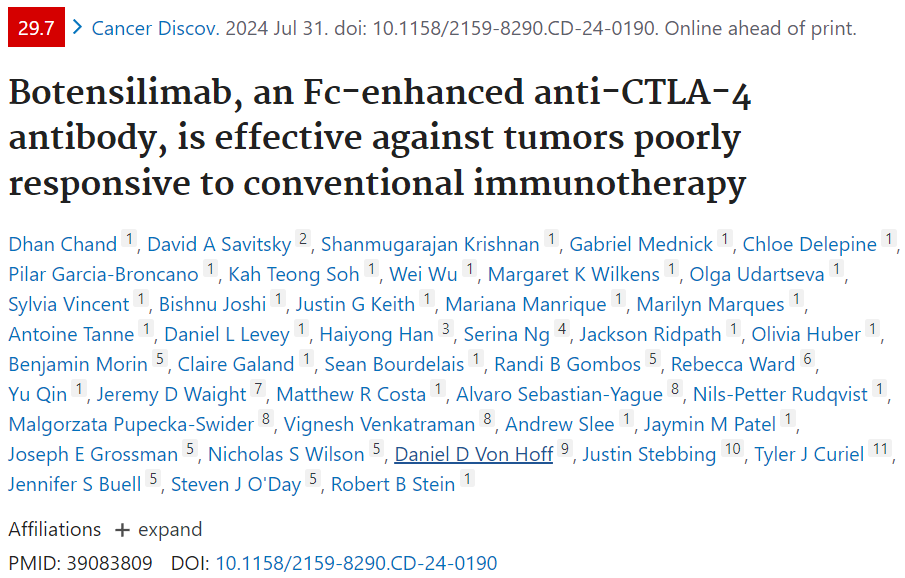 Fc enhanced anti CTLA-4 antibody Botensilimab treats tumors that respond poorly to conventional immunotherapy